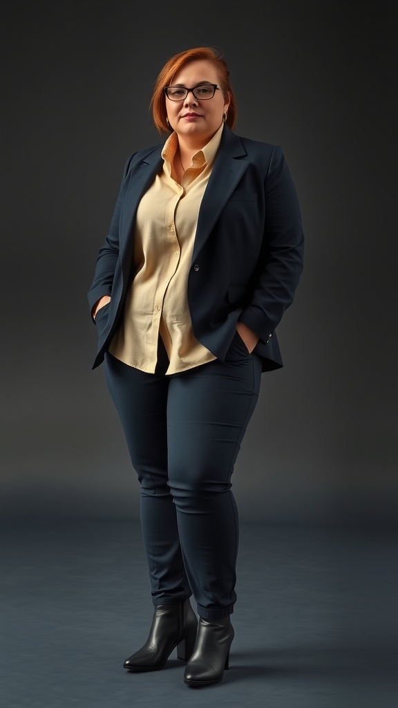A plus size model in a stylish business casual outfit featuring a navy blazer over a light yellow blouse, paired with dark pants and sleek boots.