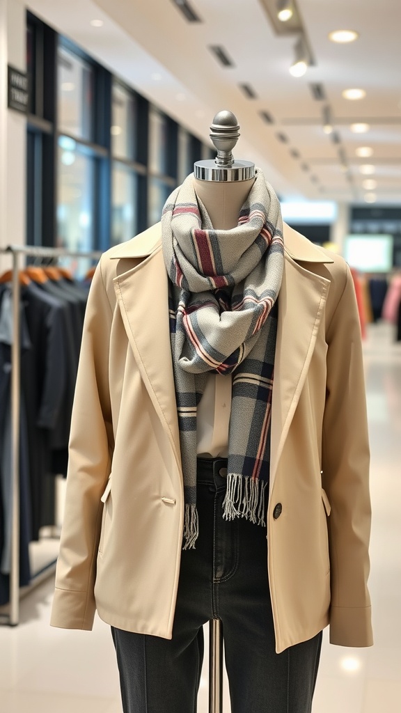 A business casual outfit featuring a beige blazer, white shirt, dark jeans, and a plaid scarf displayed on a mannequin.