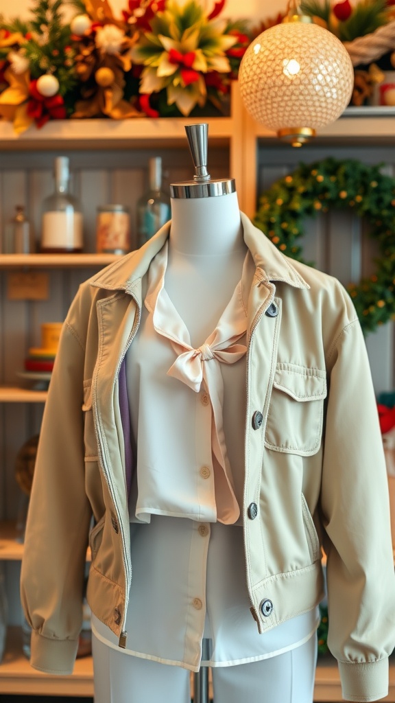 A stylish business casual outfit featuring a beige jacket and a white blouse with a bow detail, ideal for transitional seasons.