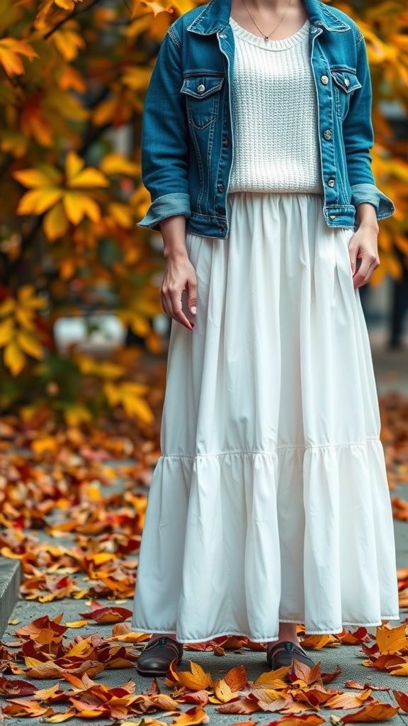 A woman wearing a white maxi skirt and denim jacket, surrounded by autumn leaves.