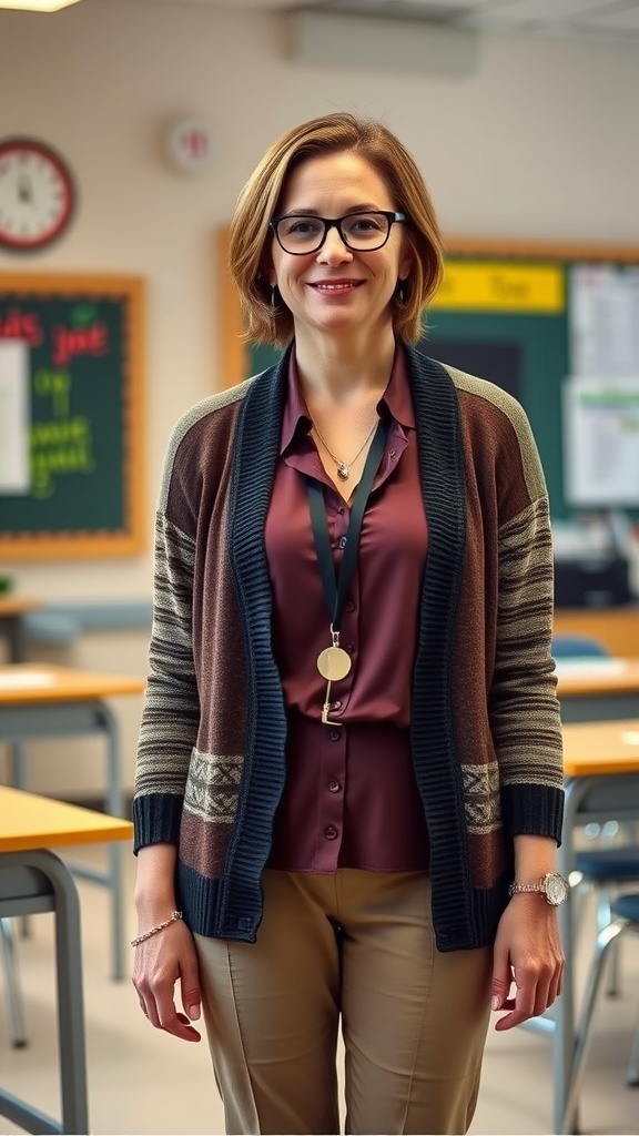 A teacher in a cozy cardigan and button-up shirt, standing in a classroom.
