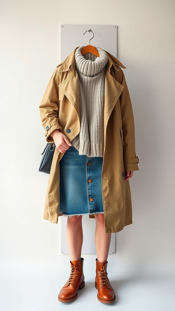 A stylish outfit featuring a denim skirt, knit sweater, and trench coat.
