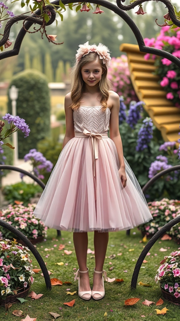 A young girl wearing a pink tulle skirt and floral headband, surrounded by flowers in a garden.
