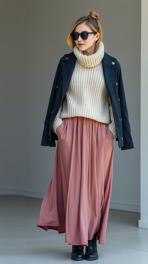 A stylish woman wearing a cozy sweater and a maxi skirt, showcasing layering techniques.