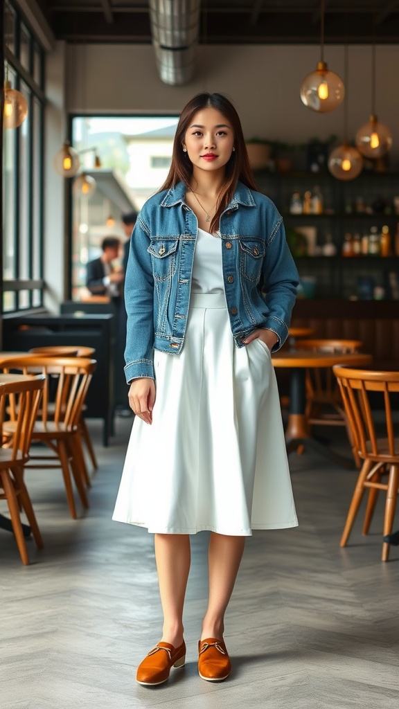 A woman wearing a denim jacket over a white midi skirt, standing in a cafe.