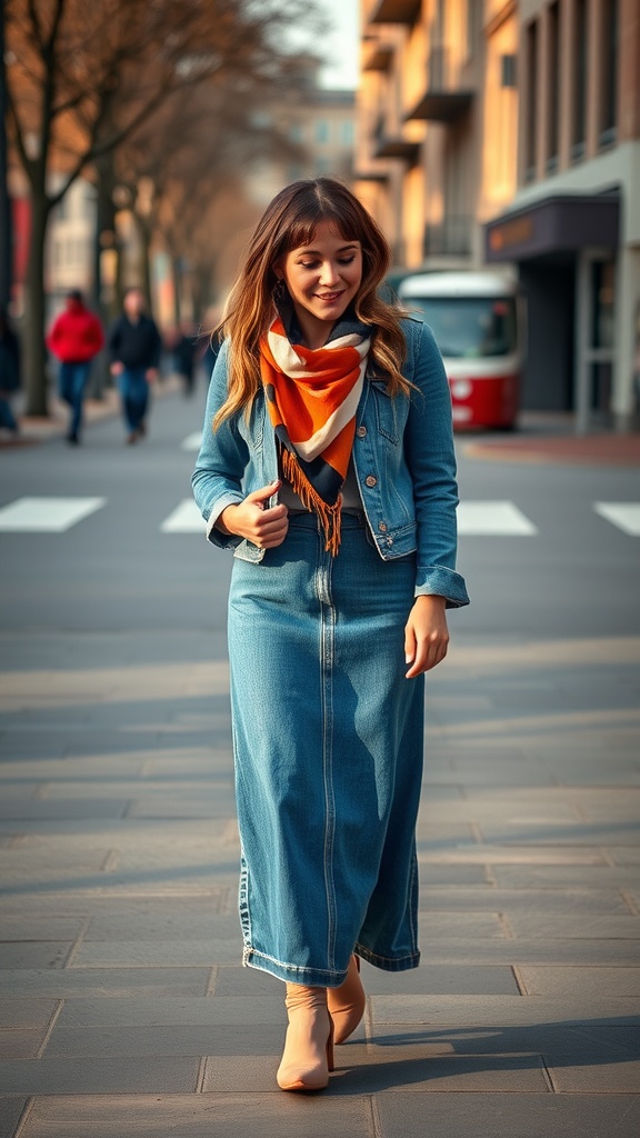 A woman wearing a denim jacket and a denim maxi skirt, walking down a city street.