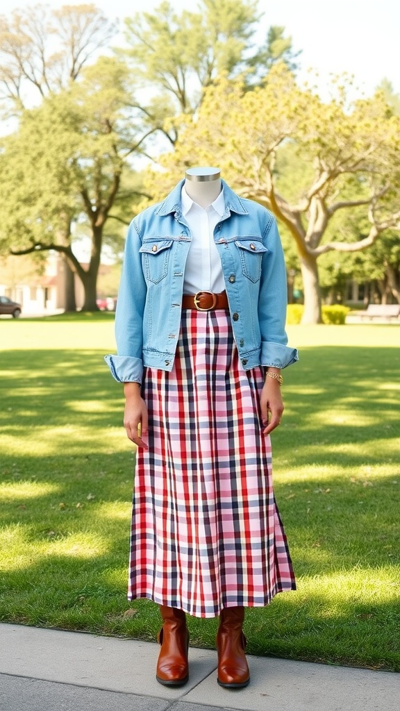 A mannequin wearing a denim jacket and a plaid gingham skirt in a park setting.