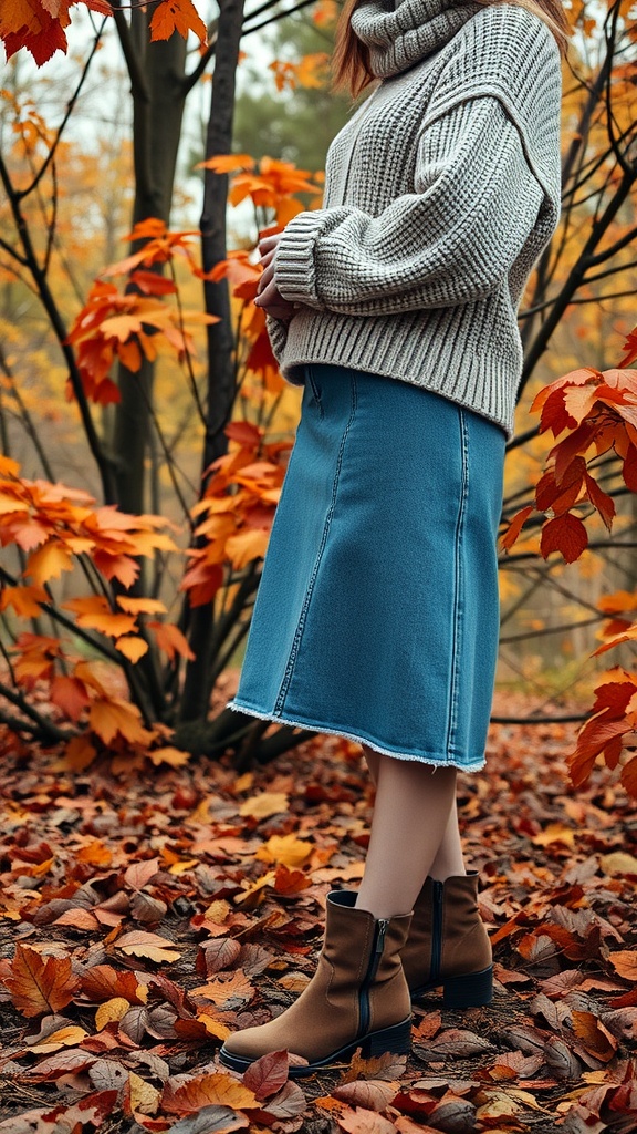 A person in a chunky knit sweater and denim skirt stands among autumn leaves.