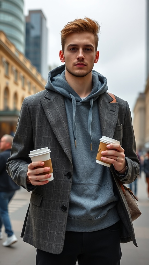 A young man wearing a plaid blazer and a hoodie, holding two cups of coffee in an urban setting.
