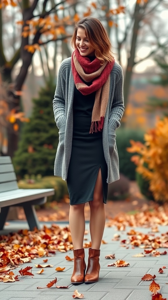 A woman wearing a long gray cardigan over a black pencil skirt, paired with a warm scarf and ankle boots, standing in an autumn setting.