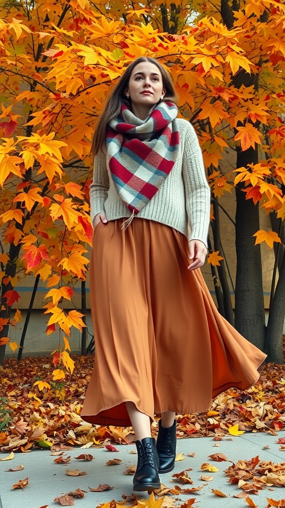 A woman wearing a sweater and a midi skirt, standing among autumn leaves