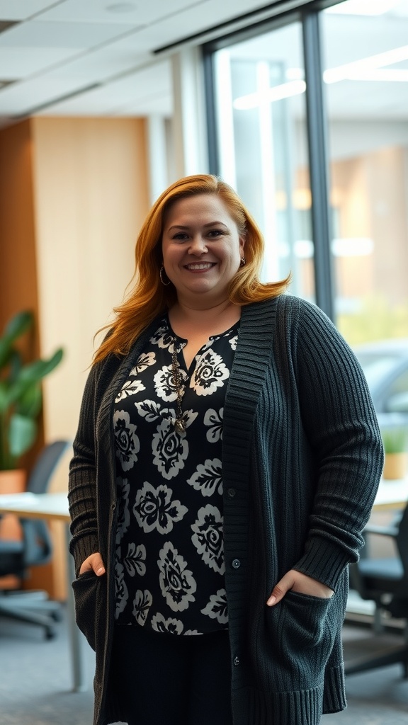 A plus-size woman wearing a patterned top and a dark cardigan, smiling in a bright office environment.