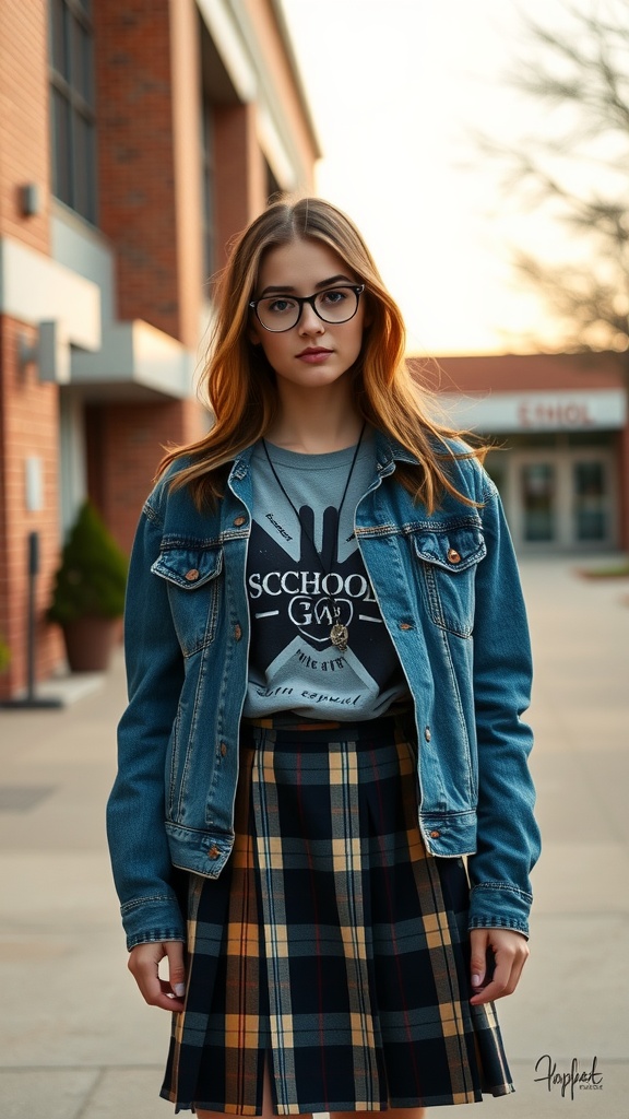 A model wearing a denim jacket over a graphic tee and a plaid skirt outside a school.