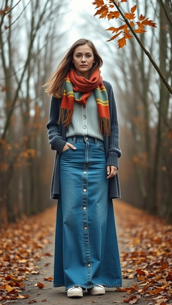 A woman standing in a park wearing a denim maxi skirt, a lightweight sweater, and a colorful scarf among autumn leaves.