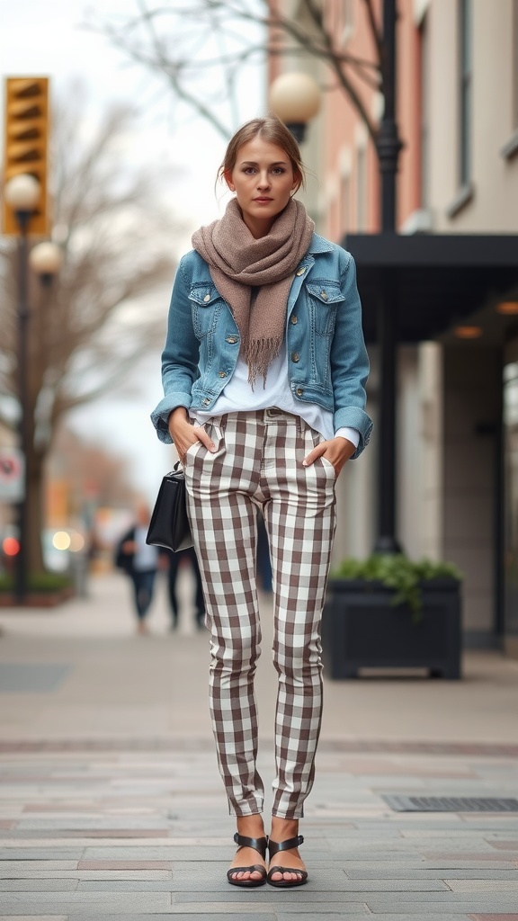 Woman wearing brown and white gingham pants with a denim jacket and scarf.