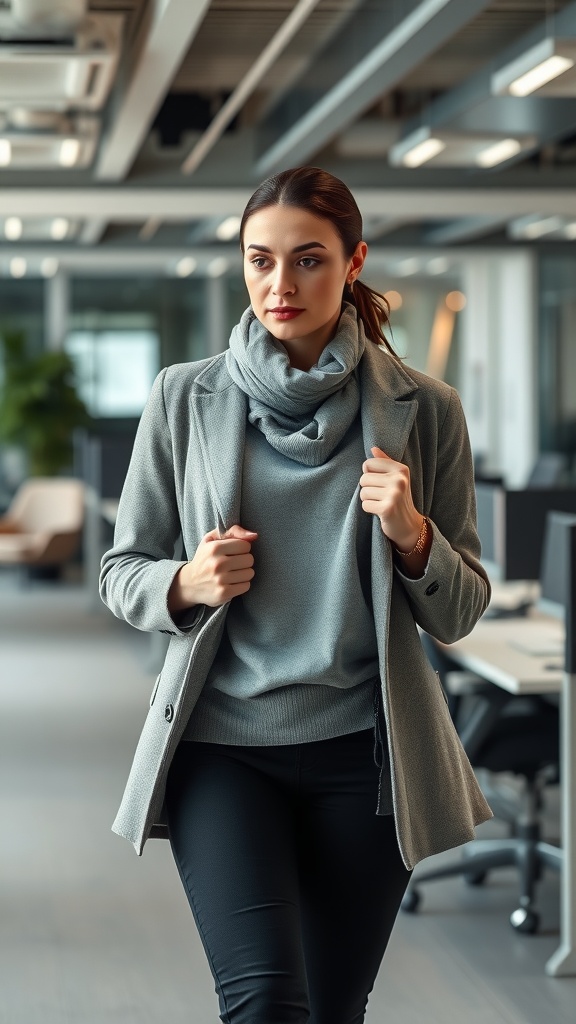 A woman in a business casual outfit with a lightweight sweater and a coat, walking through an office space.