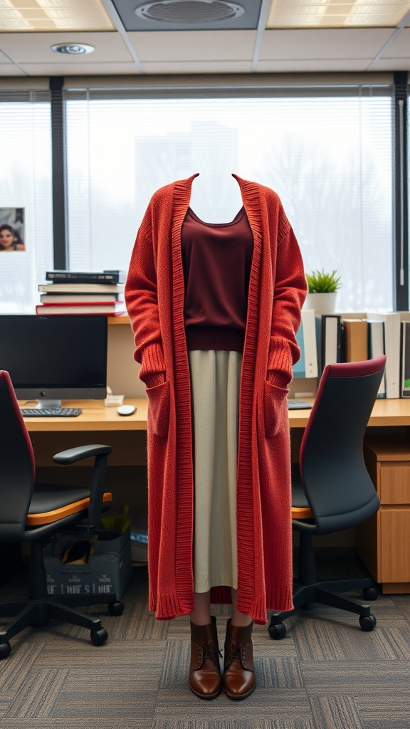 A long red cardigan layered over a dark top and cream skirt, paired with brown ankle boots in an office setting.