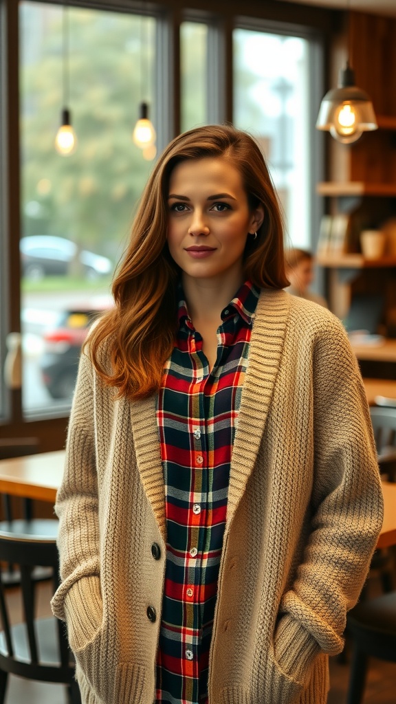 A woman wearing a plaid shirt and a light-colored cardigan, standing in a cozy café setting.