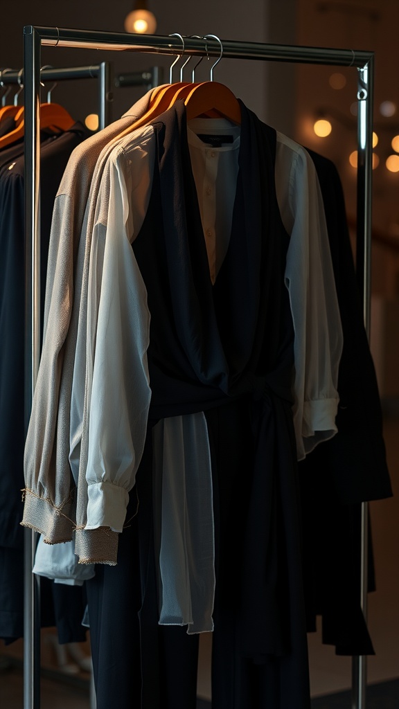 A rack displaying various sheer fabrics and layered outfits.