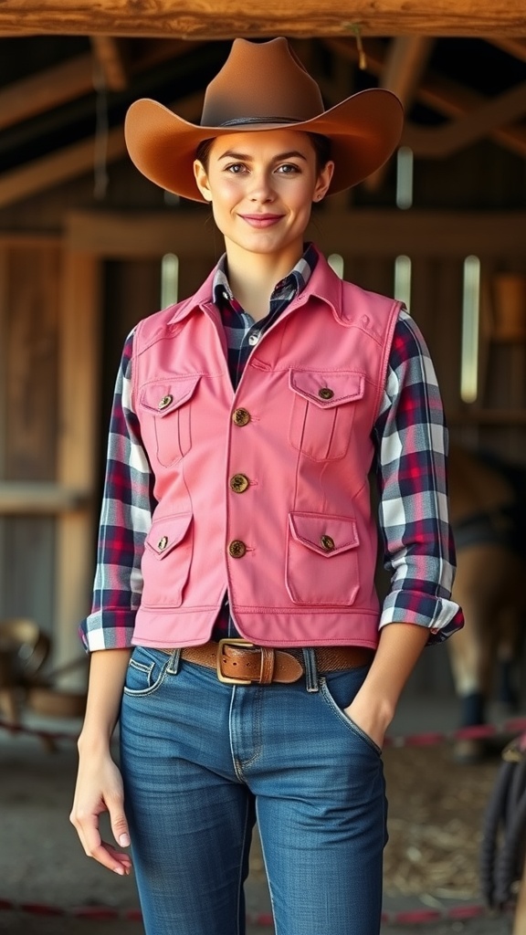 A woman wearing a pink western vest over a plaid shirt, smiling with a cowboy hat in a rustic setting.