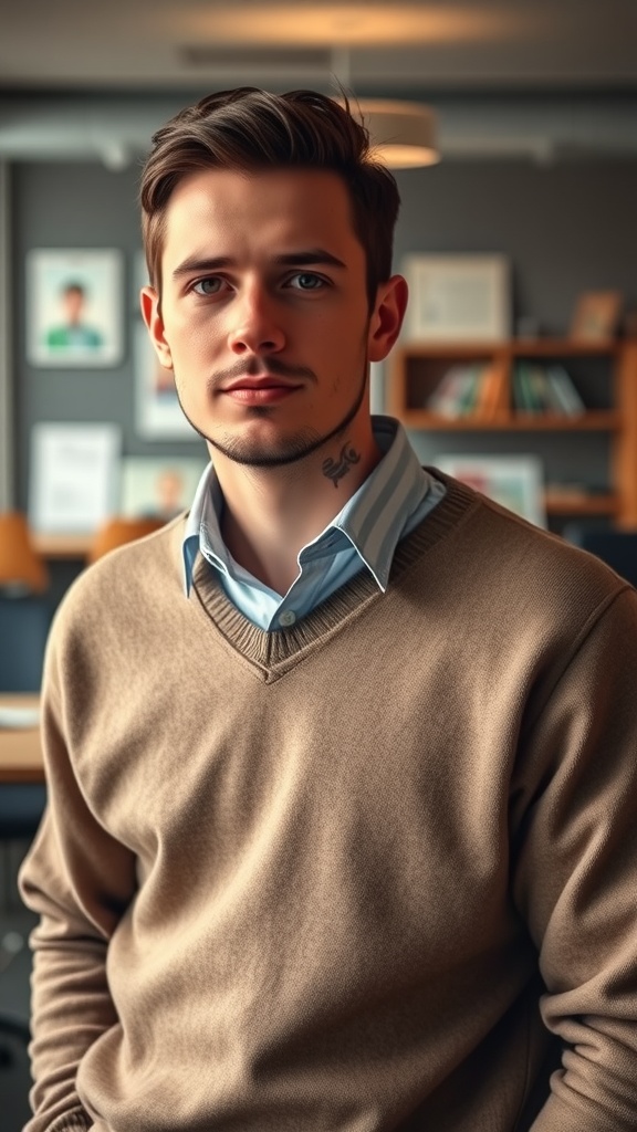 A man wearing a beige sweater over a blue shirt, sitting in a modern office setting.