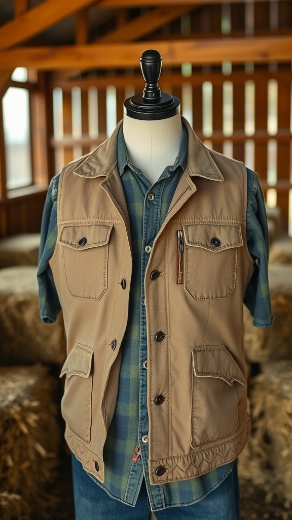A mannequin displaying a tan vest layered over a plaid shirt