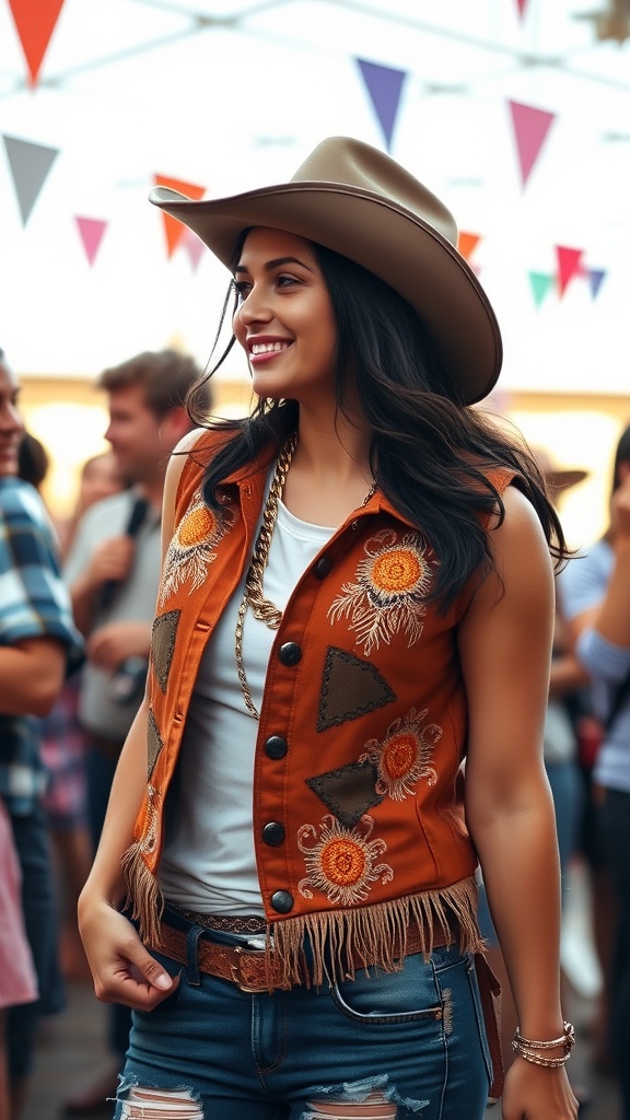A woman in a brown embroidered western vest, white t-shirt, and denim shorts, smiling at a party