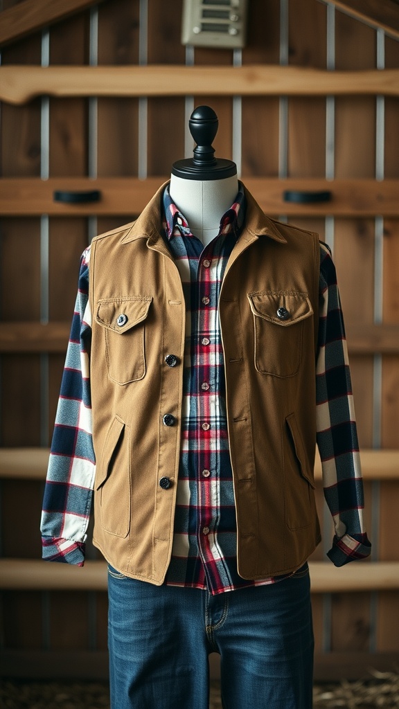 A brown vest over a plaid shirt displayed on a mannequin.
