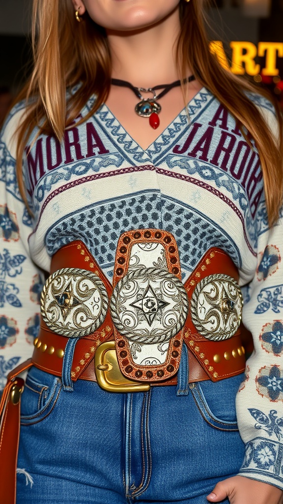 A woman wearing a detailed leather belt with a statement buckle over a patterned top.