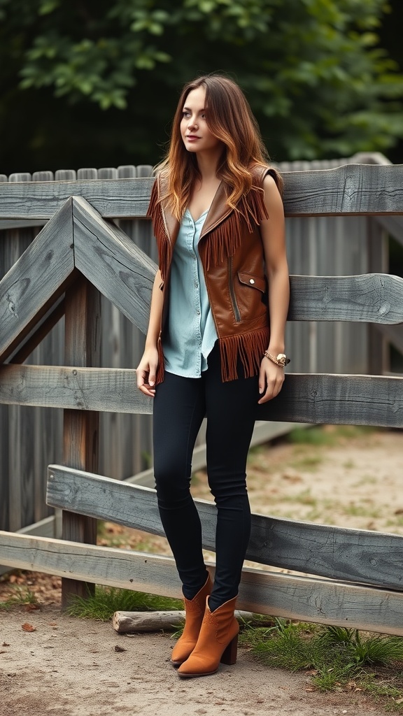 Woman wearing a brown leather fringe vest, light blue shirt, black jeans, and tan ankle boots, standing by a wooden fence.