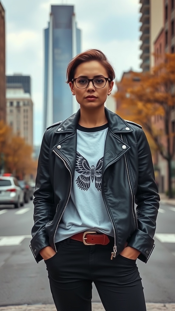 Person wearing a leather jacket over a graphic tee, standing on a city street in autumn.