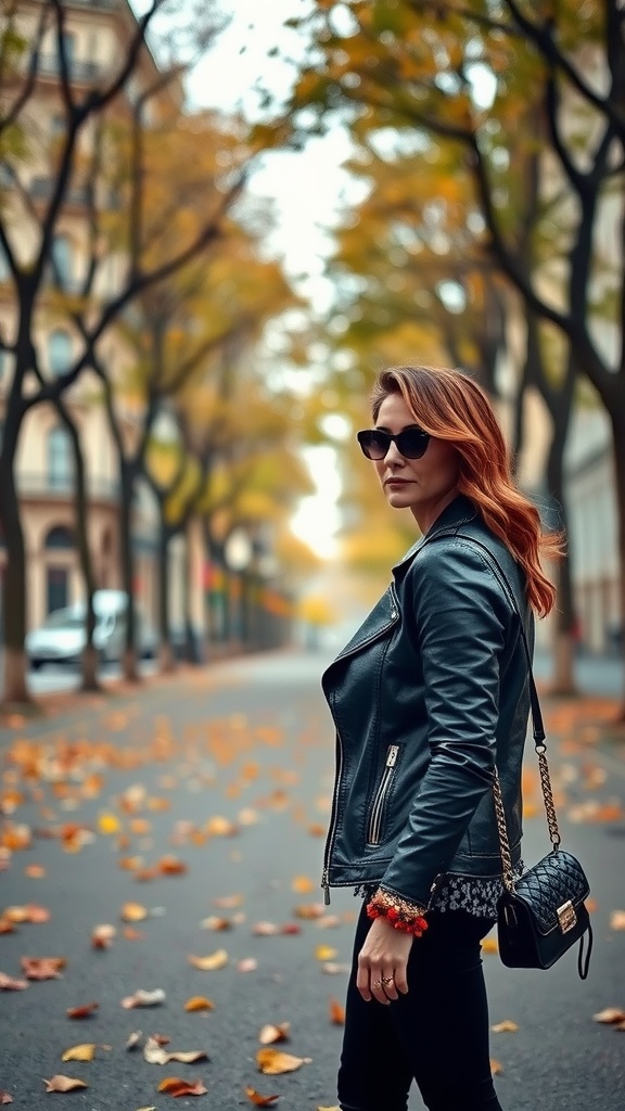 A woman in a black leather jacket with a stylish handbag and colorful bracelet, walking down a tree-lined street covered in autumn leaves.