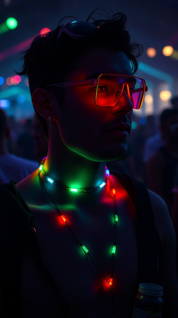 A person at a rave wearing LED glasses and a colorful light-up necklace, surrounded by a vibrant atmosphere.