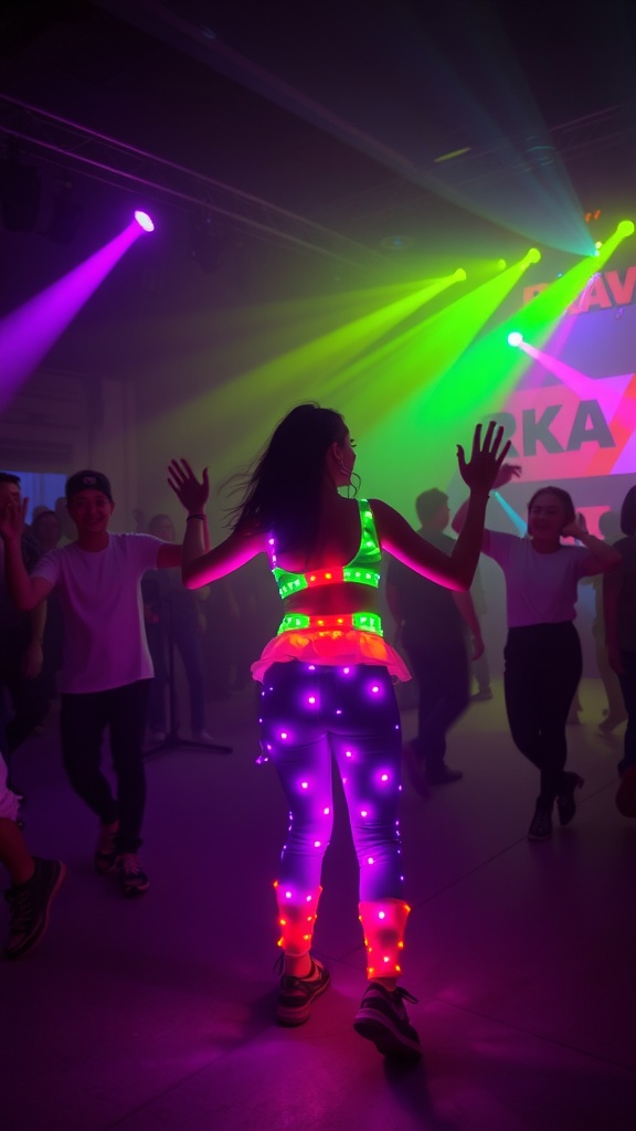 A person wearing colorful LED light-up clothing at a rave, surrounded by dancers.