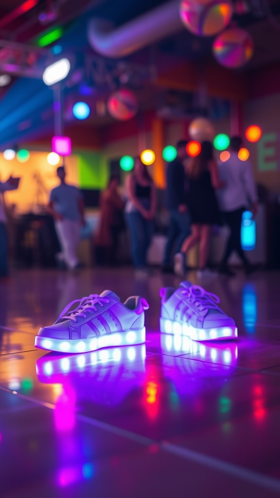 A pair of LED light-up sneakers glowing in vibrant colors on a dance floor at a rave.