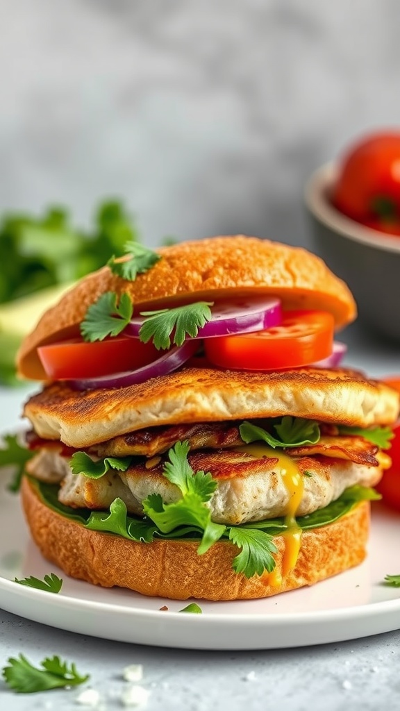 A delicious pork chop sandwich loaded with fresh veggies and cheese.