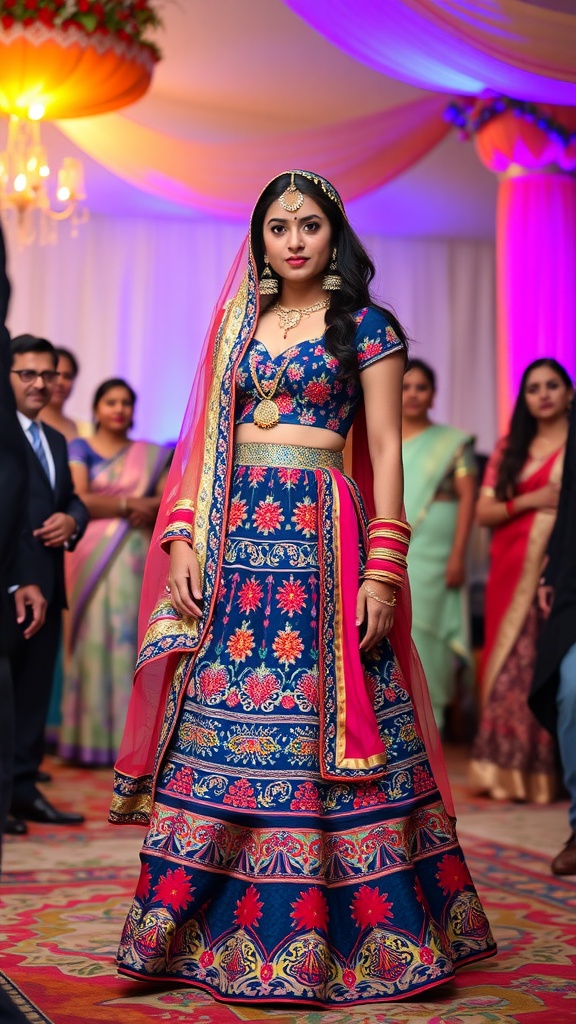 A woman wearing a beautifully designed lehenga choli, showcasing vibrant colors and intricate patterns, complemented by accessories and a dupatta.