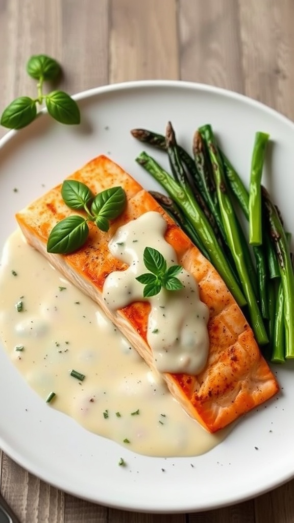 A plate of salmon topped with lemon-basil cream sauce served with green asparagus.