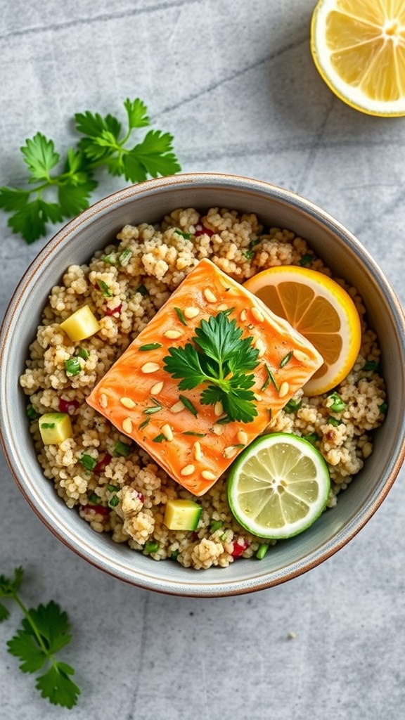A healthy lemon-cilantro quinoa and salmon bowl