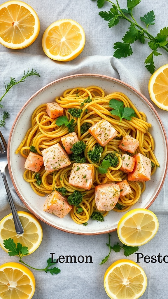 A plate of lemon-dill salmon pesto pasta with fresh herbs and lemon slices.
