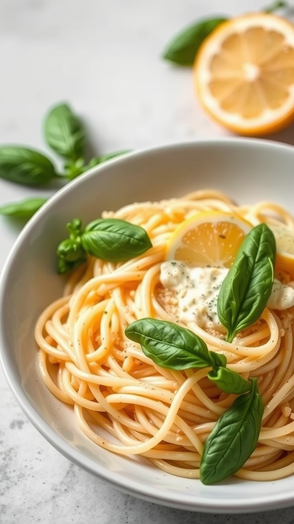 Creamy spaghetti with lemon and basil in a bowl