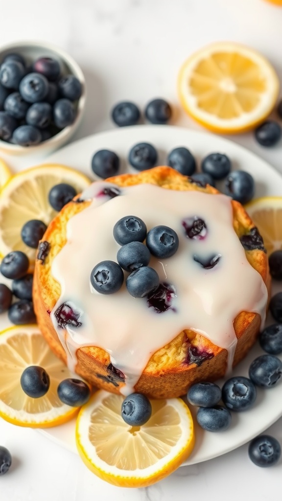 Lemon Blueberry Coffee Cake topped with blueberries and lemon slices.
