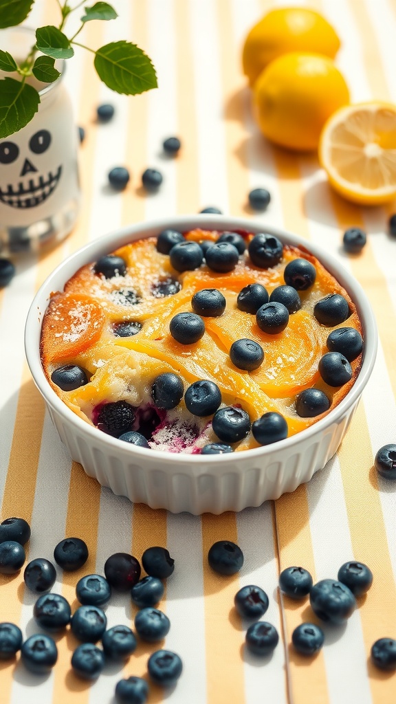 A delicious lemon blueberry dump cake with fresh blueberries and lemon slices