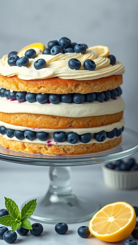 A delicious Lemon Blueberry Layer Cake with fresh blueberries and lemon slices on top
