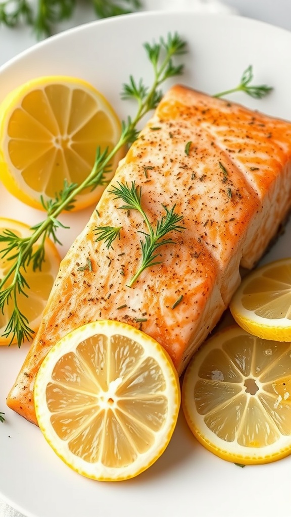 Baked salmon with lemon slices and dill