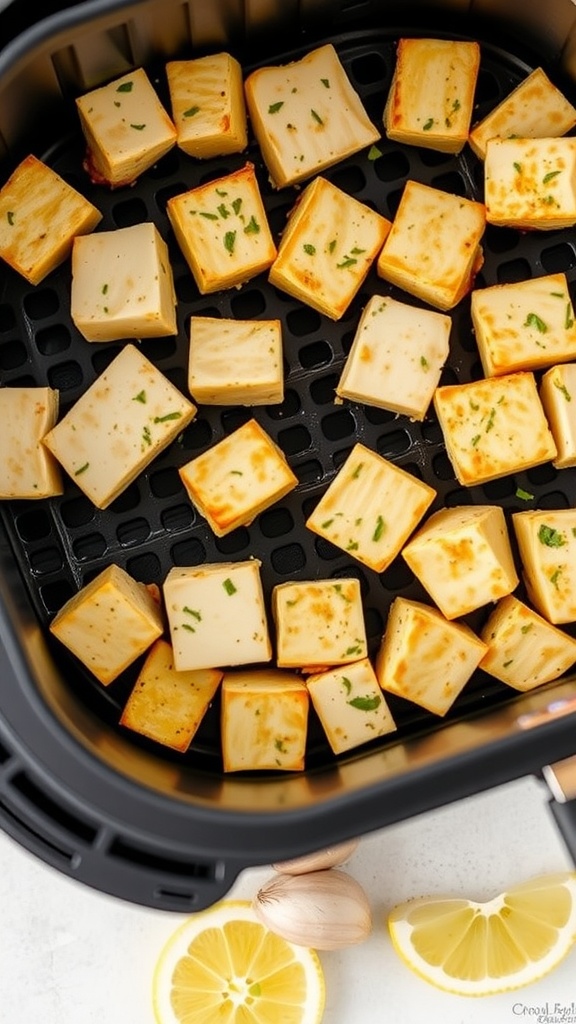 Crispy lemon garlic tofu cubes in an air fryer