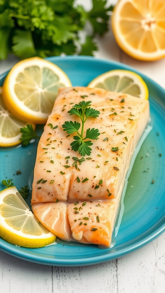 Lemon garlic butter air fryer salmon on a blue plate with lemon slices and parsley