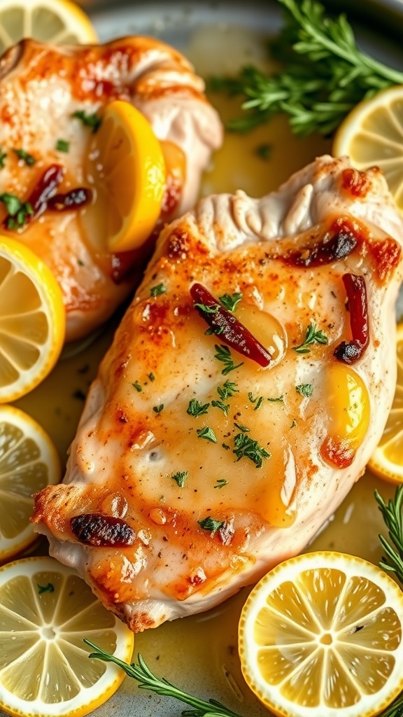 Lemon garlic butter pork chops with lemon slices and herbs