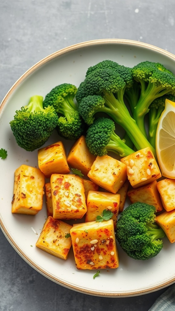 Crispy tofu and broccoli dish with lemon and garlic flavor
