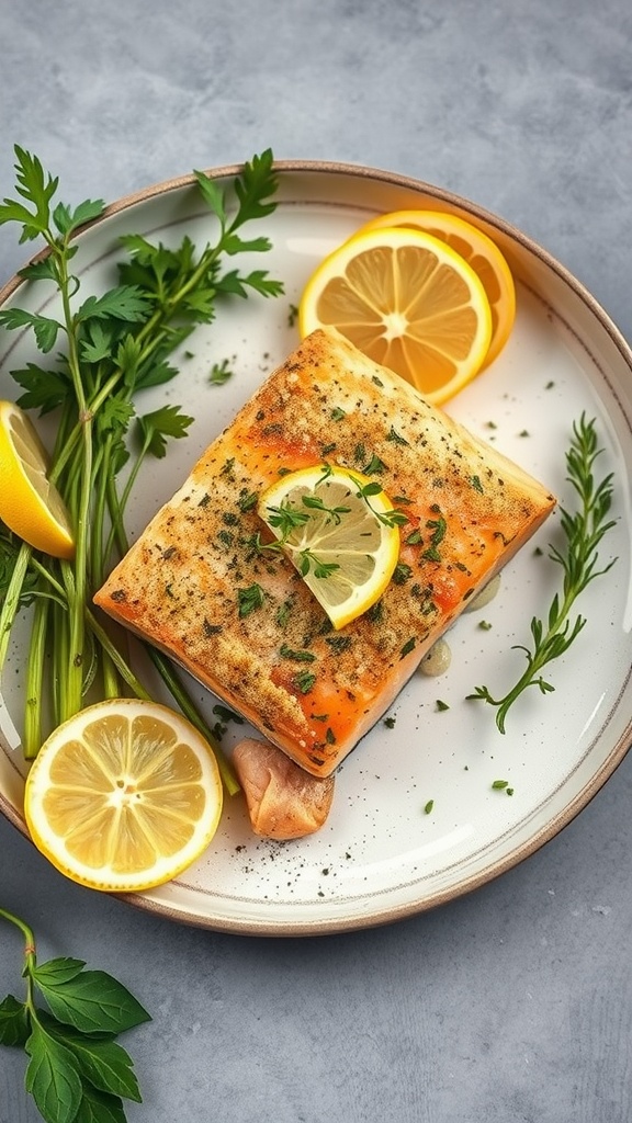 Lemon Garlic Herb Crusted Salmon with fresh herbs and lemon slices